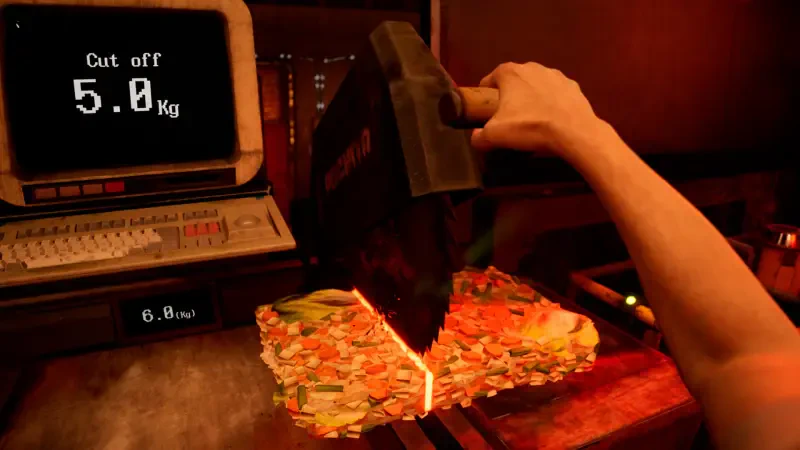 A hand holds a sharp tool over a colorful pile of food, with a digital scale displaying weight. This scene is from the video game Zoochosis, highlighting its unique gameplay elements.