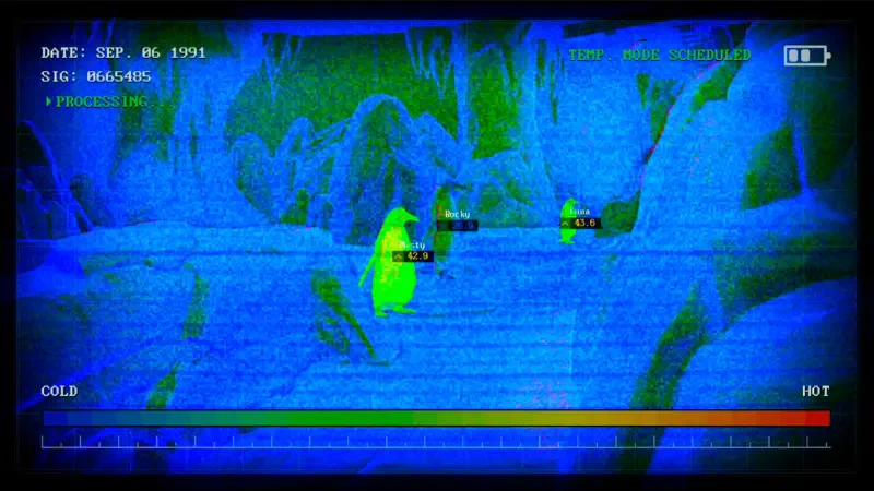 A thermal vision screen displays penguins in a frozen landscape from the video game Zoochosis, emphasizing a surreal, cold environment with vibrant blue and green hues.