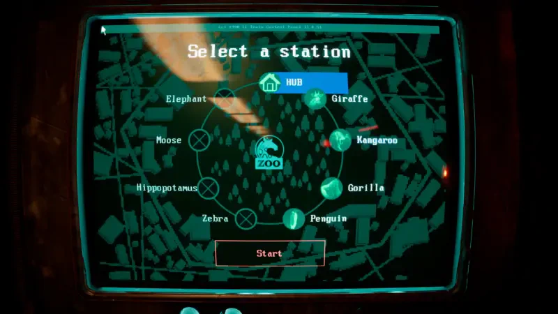 A retro-style screen from the video game Zoochosis, displaying options to select various animal stations including Elephant, Giraffe, and Kangaroo.