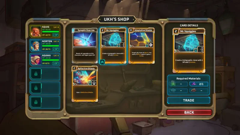 In the video game Dark Sky (2024), a shop interface displays various card options for trade, showcasing strategic gameplay elements and resources needed for progression.