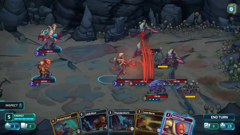 A dynamic scene from the video game Dark Sky (2024), featuring strategic combat between characters in a rocky environment, showcasing cards and various abilities.