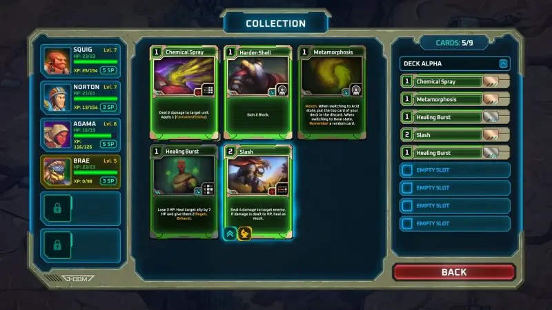 A user interface from the video game Dark Sky (2024), showcasing a collection of cards with various abilities and stats for gameplay strategy.
