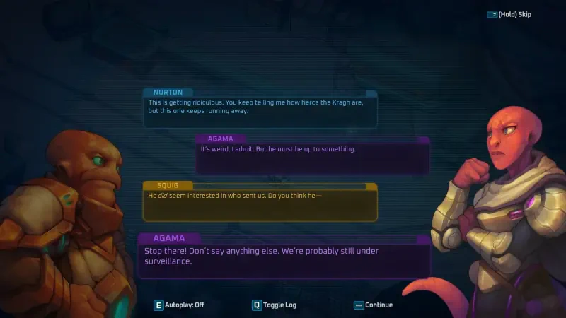 Dialogue scene from the video game Dark Sky (2024), featuring two characters engaged in a conversation, expressing concerns and discussing a mission. The environment is dark and atmospheric.