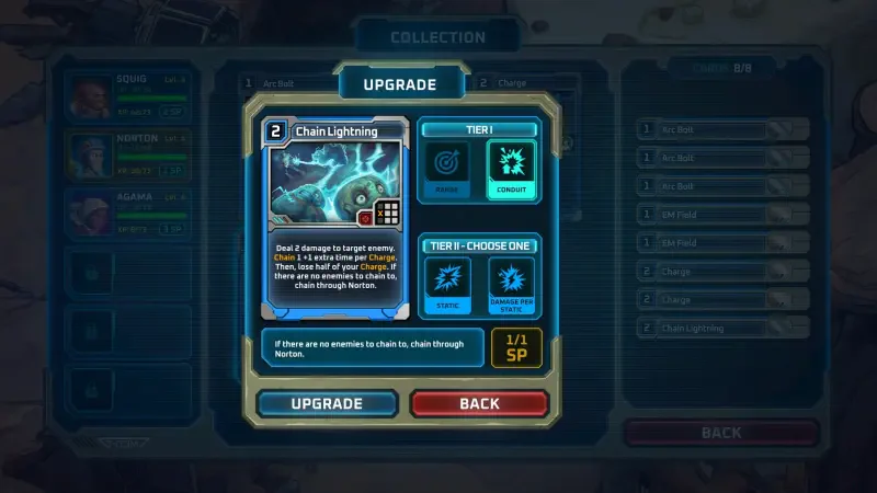 Screenshot from the video game Dark Sky (2024), showcasing an upgrade menu for a card named Chain Lightning with options for enhancement and strategy selection.