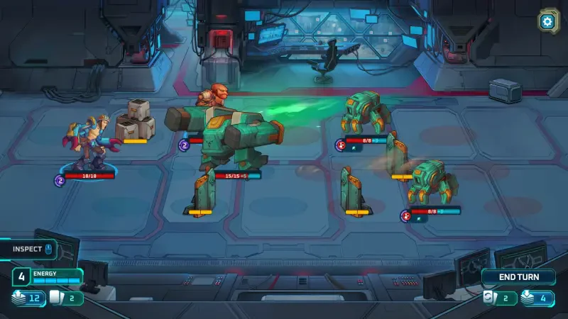 A scene from the video game Dark Sky (2024) depicts a strategic battle with a character using a laser cannon against robotic enemies in a futuristic setting.