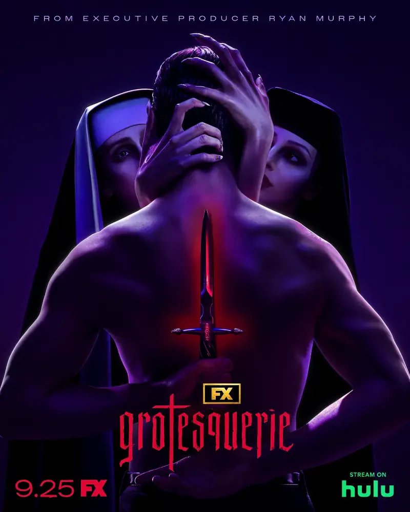A provocative promotional image for the TV show Grotesquerie, featuring a man surrounded by two women, with dark, eerie undertones and a striking dagger symbol. Streaming on Hulu.