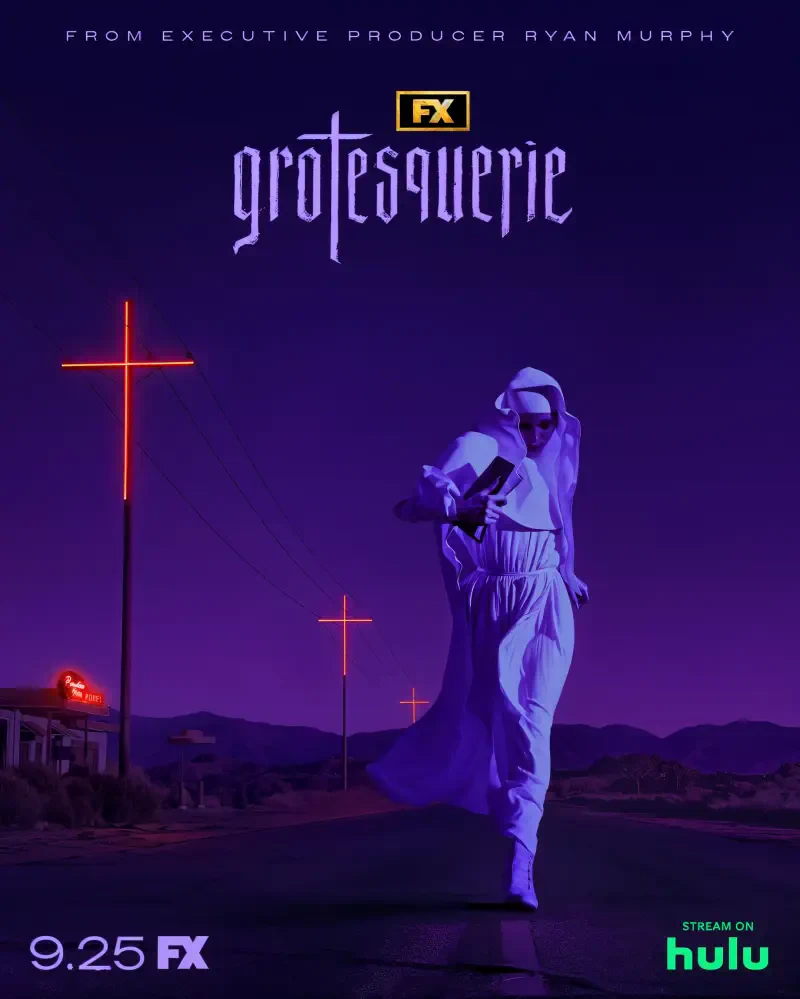 Promo image for the TV show Grotesquerie, featuring a figure in white on a dark road with glowing red crosses, set against a vibrant purple sky. Available on FX and Hulu starting 9.25.