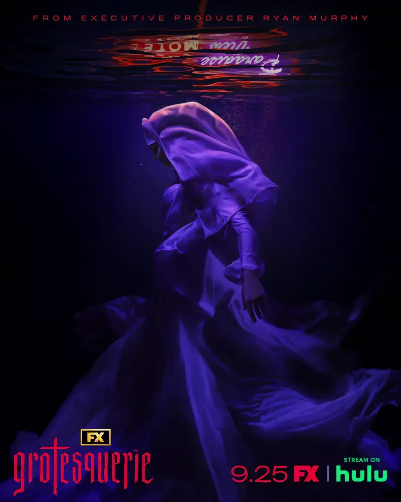 A mysterious figure in a flowing hooded garment is submerged underwater, surrounded by a dark, eerie atmosphere. The promotional image for the TV show Grotesquerie teases its unsettling themes.