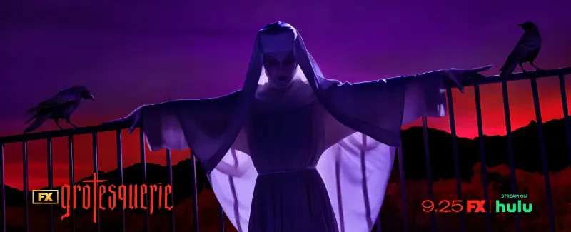 A haunting figure with outstretched arms stands against a purple sky, promoting the TV show Grotesquerie. Shadows and silhouettes create an eerie atmosphere.