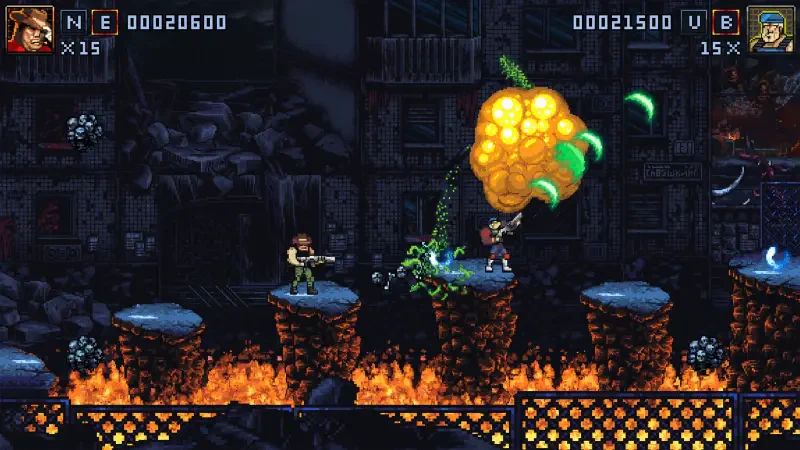 A vibrant scene from the video game Iron Meat, featuring two characters battling a large enemy amidst a fiery landscape with platform elements.