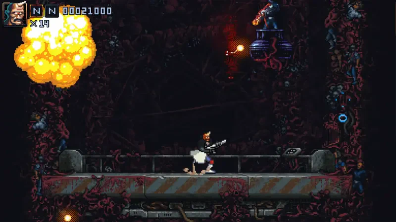A scene from the video game Iron Meat, featuring a character shooting while an explosion occurs nearby, set in a dark, gritty environment filled with sinister elements.