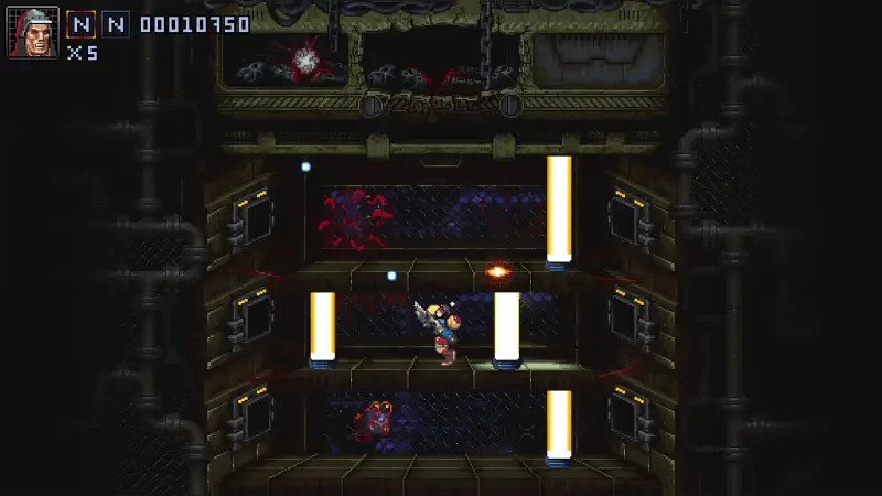 An action-packed scene from the video game Iron Meat, featuring a character navigating a multi-level environment while battling enemies and avoiding obstacles.