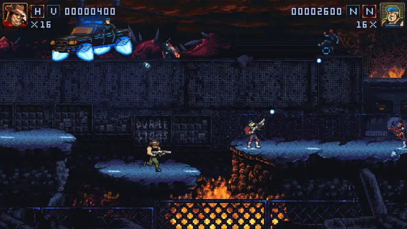 Action-packed scene from the video game Iron Meat, featuring two characters battling enemies in a fiery landscape with flying vehicles and a dark, atmospheric backdrop.
