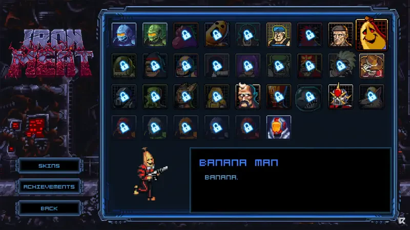 Screenshot from the video game Iron Meat, featuring a character selection screen. The Banana Man character is highlighted, displaying his name and dialogue.