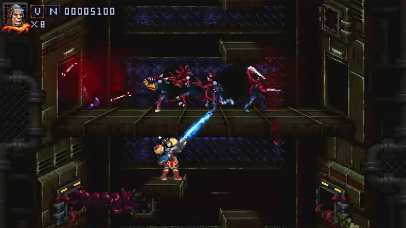 A scene from the video game Iron Meat, featuring a character battling enemies with a glowing sword in a dark, multi-level environment filled with sci-fi elements.