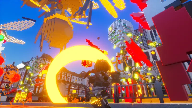 A scene from the video game Earth Defense Force: World Brothers 2, showcasing vibrant colors and action as characters battle against towering robotic enemies in a cityscape.