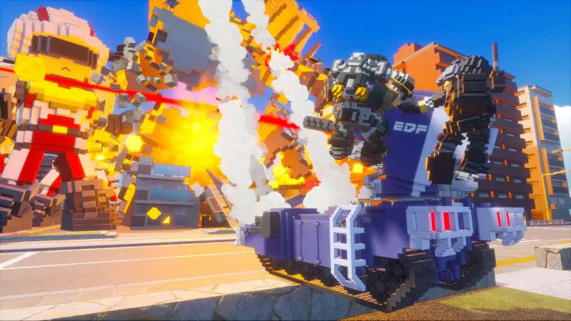 A scene from the video game Earth Defense Force: World Brothers 2, featuring a blocky vehicle firing at giant enemies amid vibrant explosions and colorful buildings.