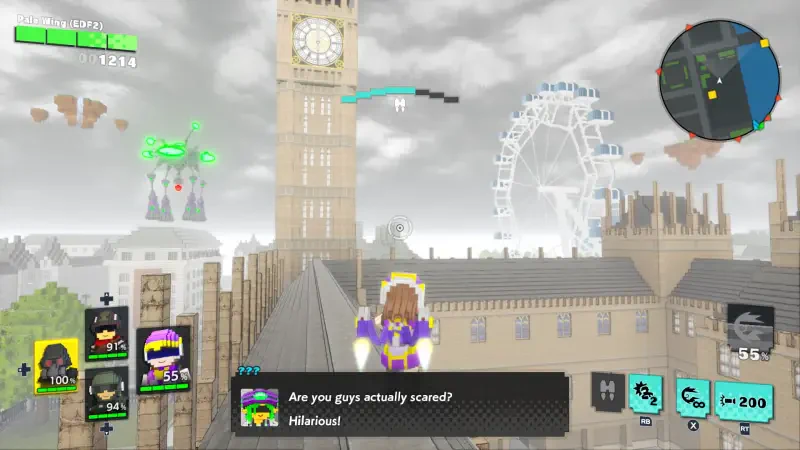 A character from Earth Defense Force: World Brothers 2 flies above a cityscape featuring Big Ben and a Ferris wheel, engaging in dialogue about their mission.