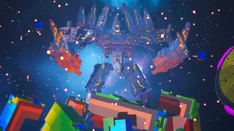 A formidable mech stands in a colorful, cosmic landscape in the video game Earth Defense Force: World Brothers 2, surrounded by vibrant blocks and a starry background.