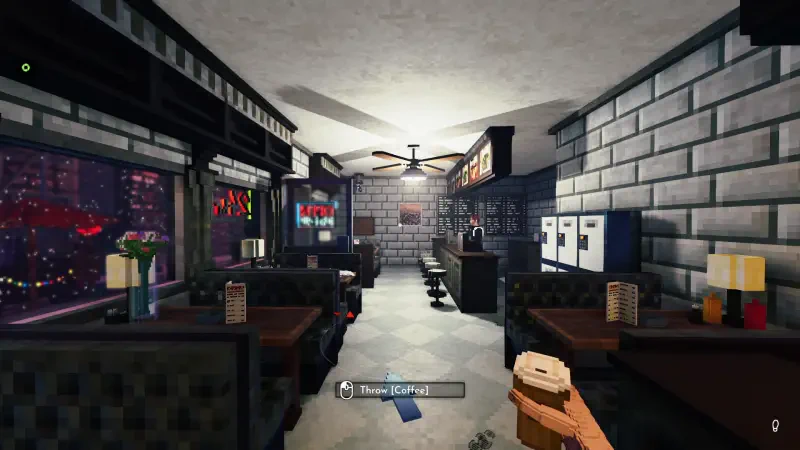 A cozy diner interior from the video game Shadows of Doubt, featuring booths, a ceiling fan, and vending machines, creating a nostalgic and immersive atmosphere.