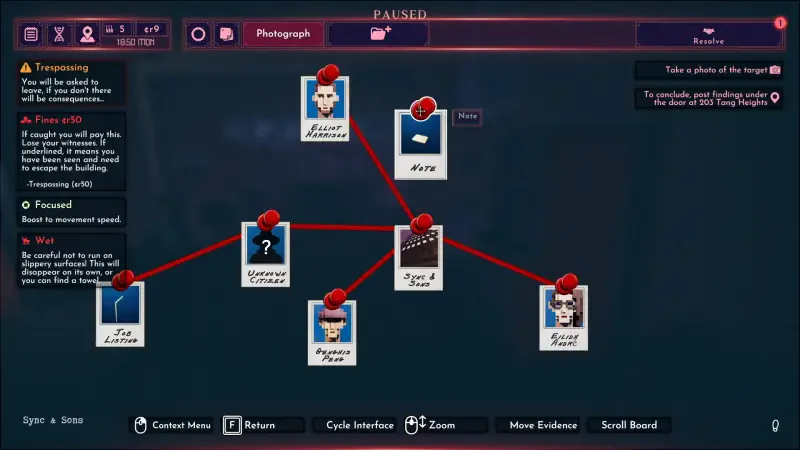 A screenshot from the video game *Shadows of Doubt*, displaying a detective interface with interconnected suspects and clues highlighted in a network format.