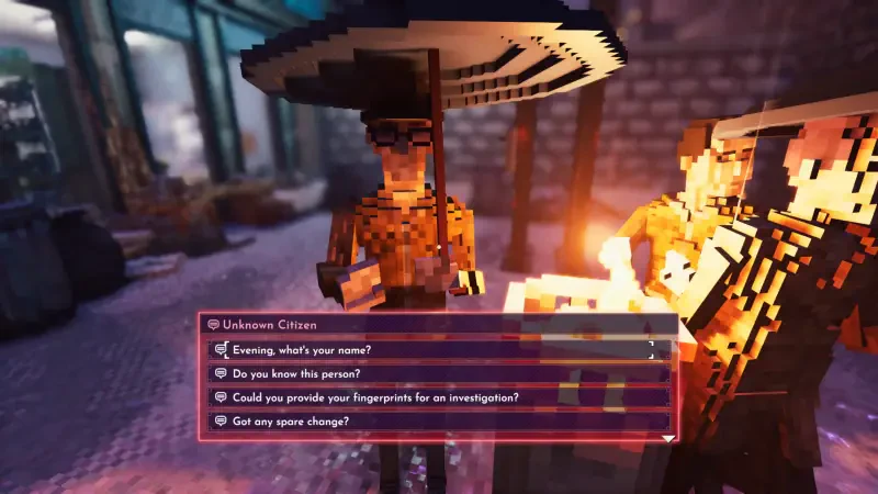 A scene from the video game *Shadows of Doubt*, featuring pixelated characters engaged in conversation, with dialogue options displayed on the screen. A mysterious atmosphere permeates the setting.
