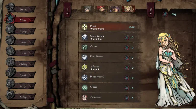 Character selection screen from the video game The Nameless: Slay Dragon, showcasing various stats and abilities alongside a prominent character portrait.