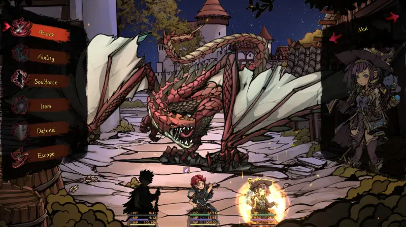 In The Nameless: Slay Dragon, a fierce dragon looms over three characters preparing for battle in a richly illustrated fantasy setting. Action menus are visible on the left.