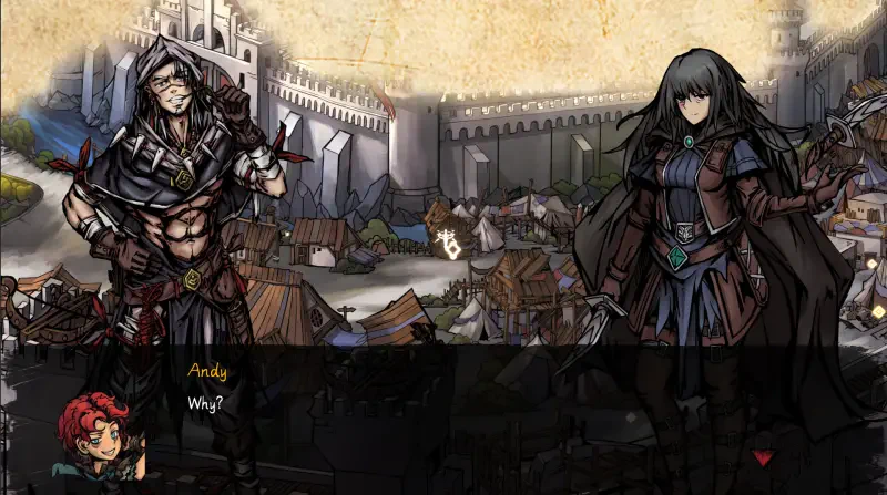Two characters from the video game *The Nameless: Slay Dragon* stand in a medieval setting, engaged in a dialogue, with a detailed backdrop of a castle and village.