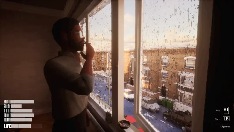 A character gazes out a rain-streaked window in a realistic apartment setting from the video game Apartment Story, reflecting on a bustling urban landscape.