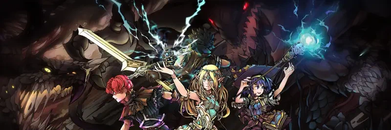A dynamic scene from the video game The Nameless: Slay Dragon, featuring three heroes wielding weapons and magical powers against a dark, menacing backdrop.