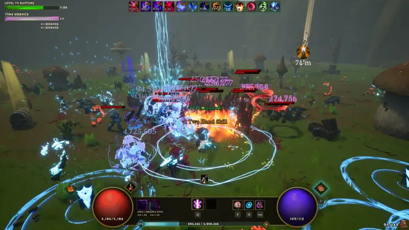 A vibrant scene from the video game Dwarven Realms, showcasing a chaotic battle with colorful spells, multiple characters, and an immersive fantasy landscape.