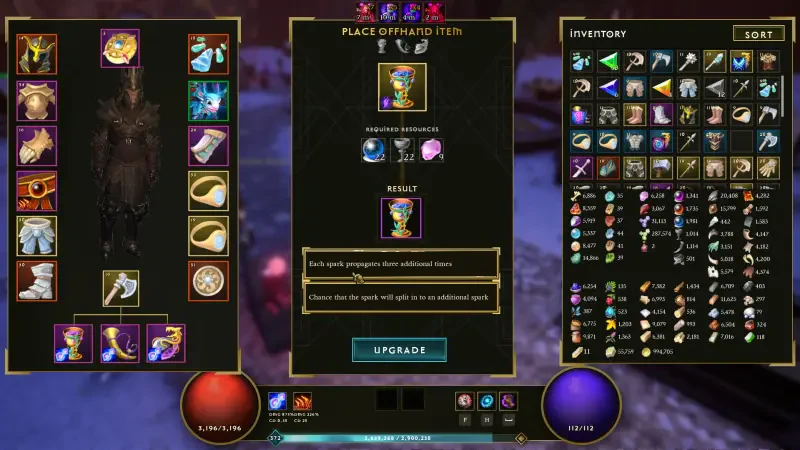 A gameplay screenshot from Dwarven Realms showcases an inventory interface, featuring various items and an upgrade option for enhancing equipment and abilities.