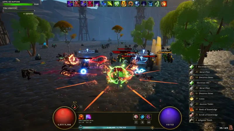 A vibrant scene from Dwarven Realms, showcasing intense battles with magical attacks and colorful effects in a dynamic landscape filled with trees and structures.