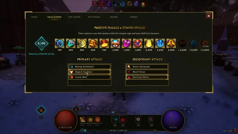Game interface displaying character stats and abilities for Dwarven Realms, showcasing primary and secondary attack options along with mastery progress and skill icons.