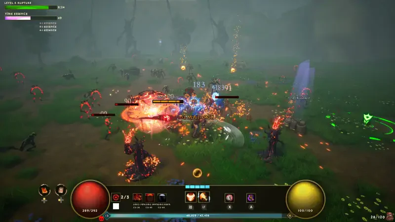 A dynamic scene from the video game Dwarven Realms, featuring intense combat amidst magical bursts and enemy encounters in a mystical, foggy landscape.