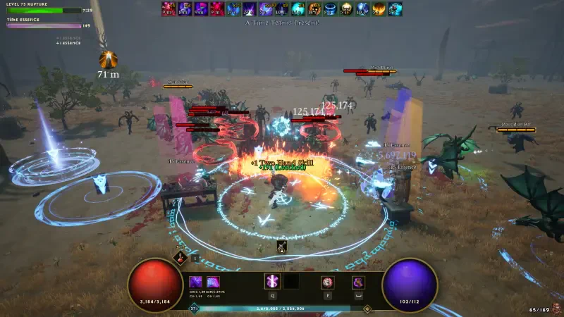 A dynamic scene from the video game Dwarven Realms, showcasing intense combat with colorful spells and a variety of characters battling against enemies in a vibrant landscape.