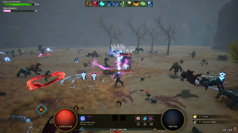 A dynamic scene from the video game Dwarven Realms, showcasing characters engaged in battle against various creatures in a desolate, foggy landscape.