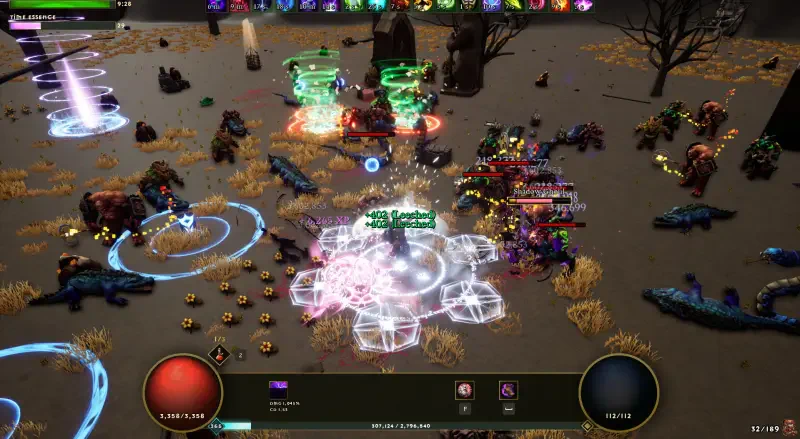 A dynamic scene from the video game Dwarven Realms, featuring intense battles with colorful spells, various creatures, and strategic gameplay elements in a fantasy setting.