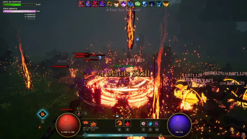 A dynamic scene from the video game Dwarven Realms, featuring intense combat with magical effects, a vibrant spell circle, and various character actions amidst a fiery backdrop.