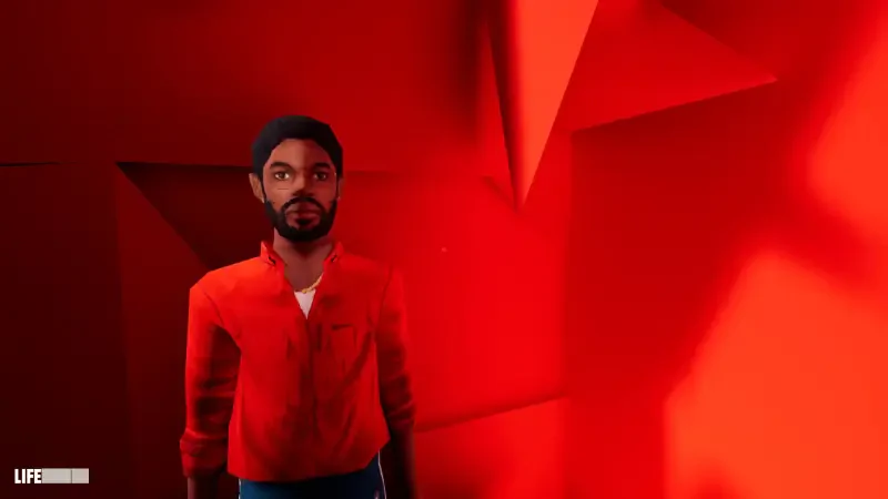 A character stands in a vibrant red room, featuring geometric shapes, from the video game Apartment Story. The character has medium-length hair and a serious expression, wearing a red shirt.
