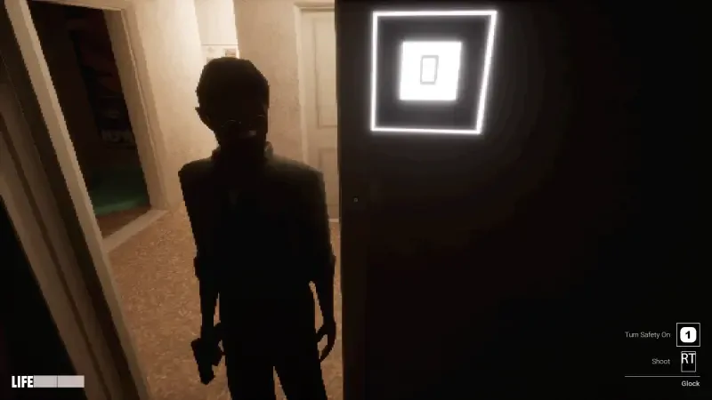 A character stands in a dimly lit hallway, holding a gun, with a glowing square button on the wall. This scene is from the video game Apartment Story.