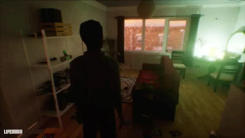 A character stands in a dimly lit living room in the video game Apartment Story, surrounded by shelves, cozy furniture, and a warm glow from the windows.