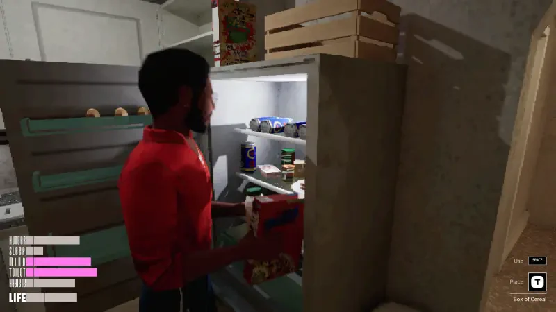 A character explores the refrigerator in the video game Apartment Story, surrounded by food items and pizza boxes, capturing a moment of daily life in the game.