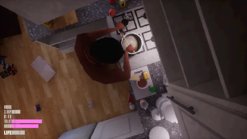 A top-down view of a character cooking in a kitchen within the video game Apartment Story, surrounded by various kitchen items and a cluttered countertop.