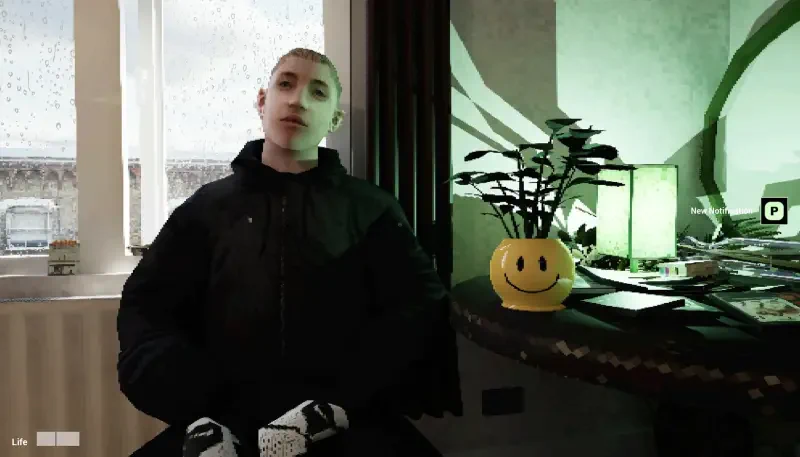 A character sits in a modern apartment, surrounded by a plant and colorful decor, reflecting the atmospheric style of the video game Apartment Story.