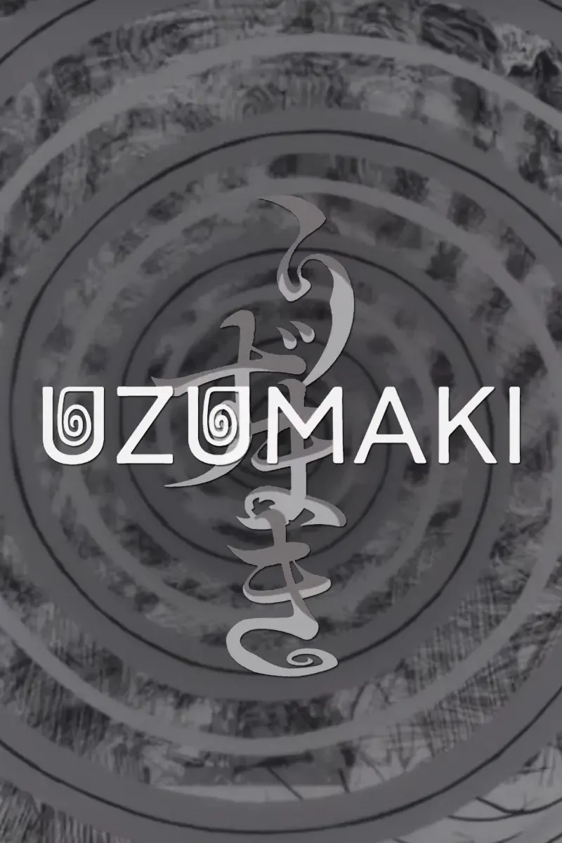 A visually striking design featuring the title UZUMAKI in bold letters, surrounded by a series of spirals, inspired by the horror themes of the anime Uzumaki: Spiral Into Horror.