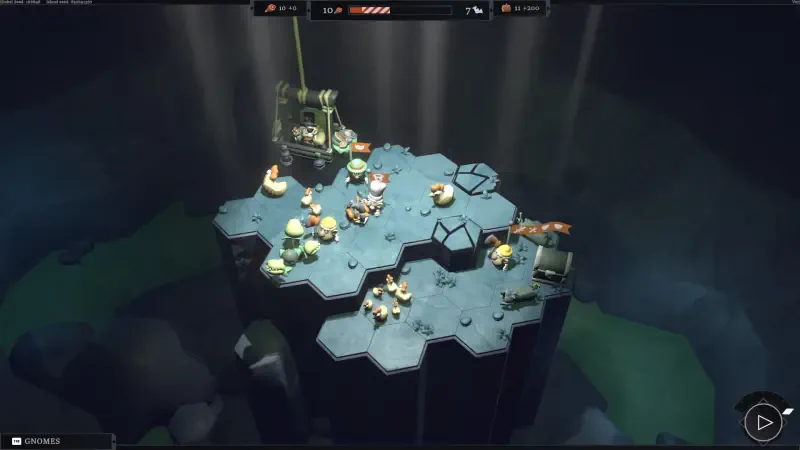 An aerial view of a game scene from EcoGnomix, featuring hexagonal land formations populated by gnomes, machinery, and vibrant greenery in a cavernous setting.