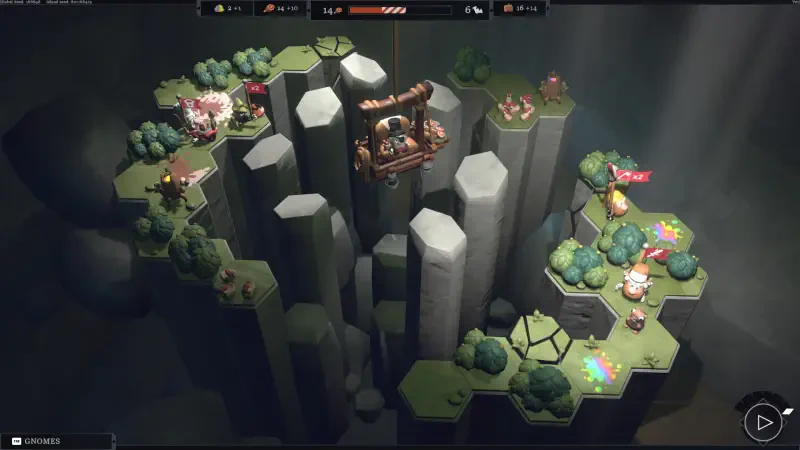 An aerial view of a game scene from EcoGnomix, featuring a vibrant landscape with hexagonal tiles, lush greenery, and structures built on rugged terrain, showcasing the game's strategic elements.