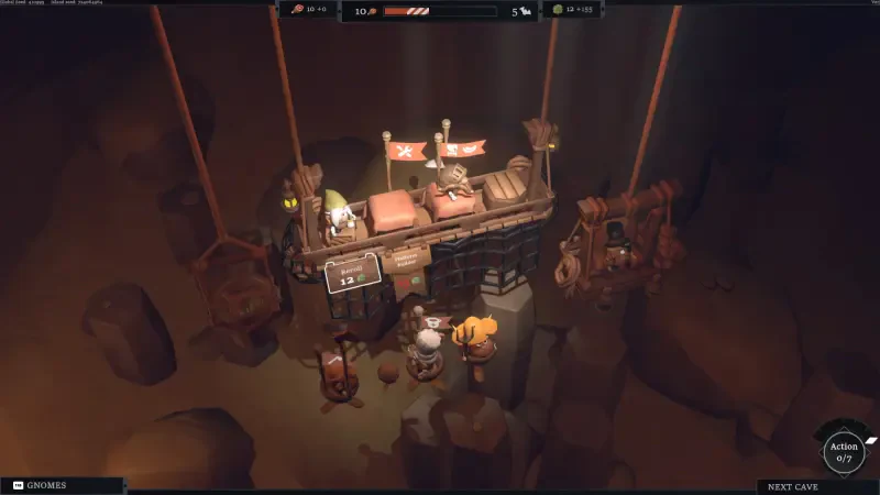 A scene from the video game EcoGnomix, featuring a cozy setup with characters interacting near a workstation amidst a cave environment.